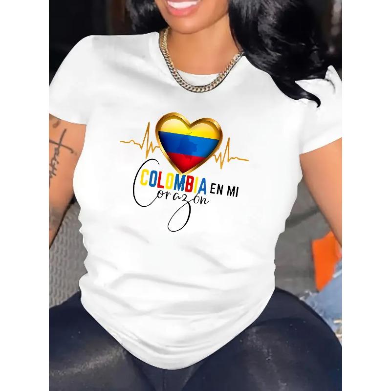 Womens Colombia Heart Graphic T Shirt Casual Short Sleeve Crew Neck Knit Tee Polyester Spandex Blend Medium Stretch Alphabet Print Summer Top