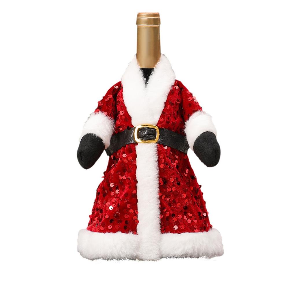 Santa Coat Wine Bottle Cover Set- Sequin Christmas Decor, Sparkling Wine Bottle Dress Decorations, Holiday Table Decor, Present Bag Party Decor For