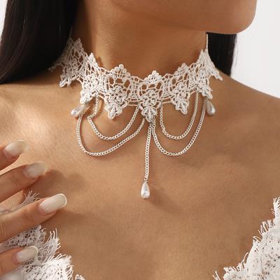 Vintage Lace Pearl Pendant Necklace, Court Style Fringed Chain Chokr Neck Chain
