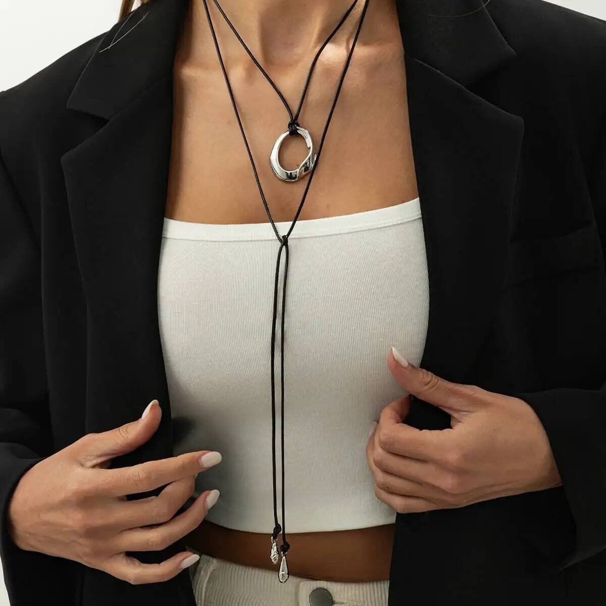 

Salircon Korean Fashion Geometric Hollow Round Pendant Necklace Women Adjustable Long Black Leather Rope Choker Charm Jewelry
