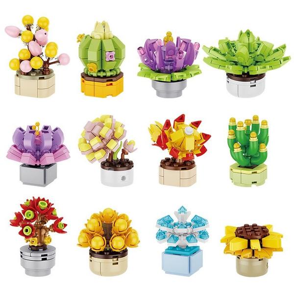12PCS Creative Simulation Potted Flowers Succulent Plants Mini Ornament Building Blocks Bricks Toys