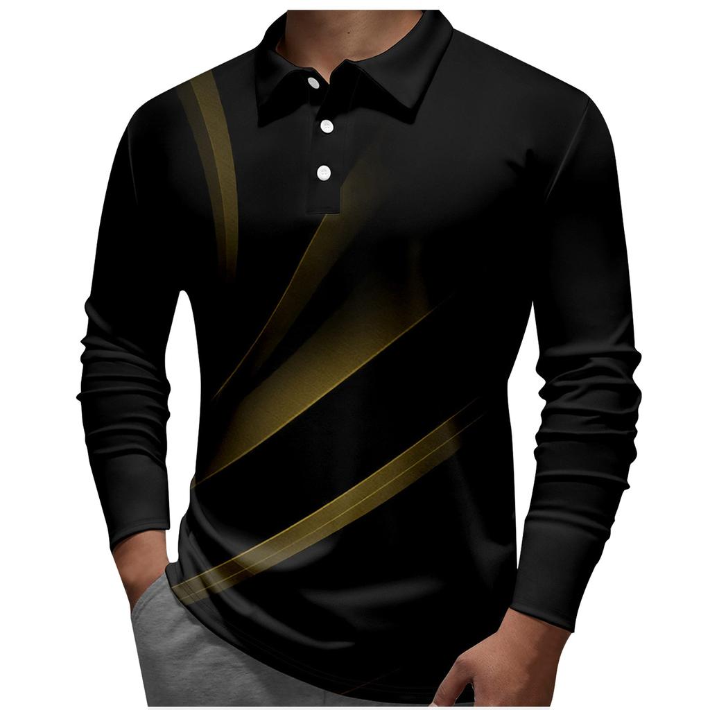 Herren-Revers-Langarm-bedrucktes Freizeit-Oberteil, lockeres Sport-Revers-Hemd