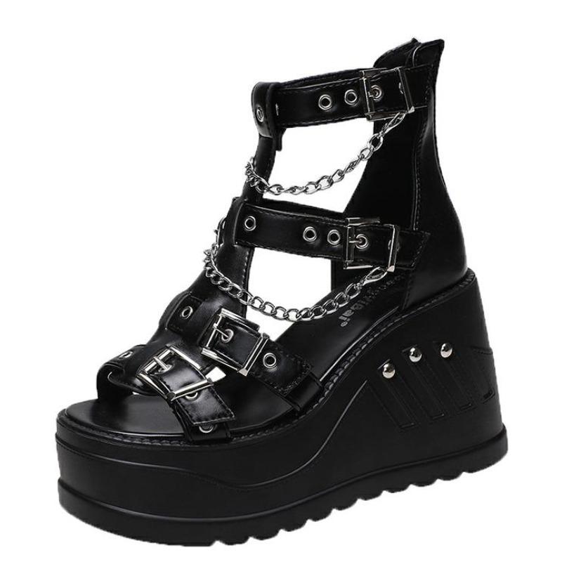 Fashion 10CM Wedges High Heels Height Increasing Peep Toe Shoes Heel Shoe Summer Gothic Buckle Platform Sandals Black Women Cool Boots