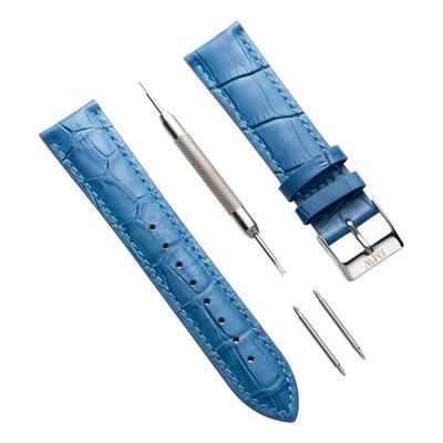 JMW TOKYO Moon Phase Watch 20mm Lug Genuine Leather Replacement Blue with Silver Includes Spring and A Great Day Men's Strap, Width, Strap, Buckle,