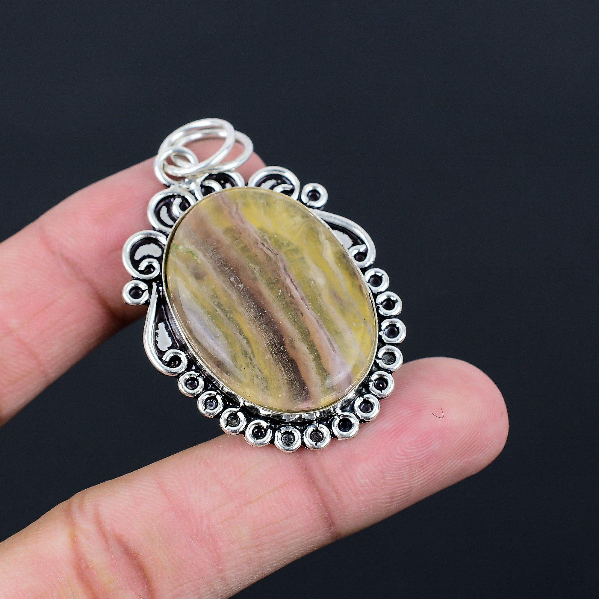 Natural Multi Fluorite Gemstone Pendant 925 Sterling Silver Jewelry For Women