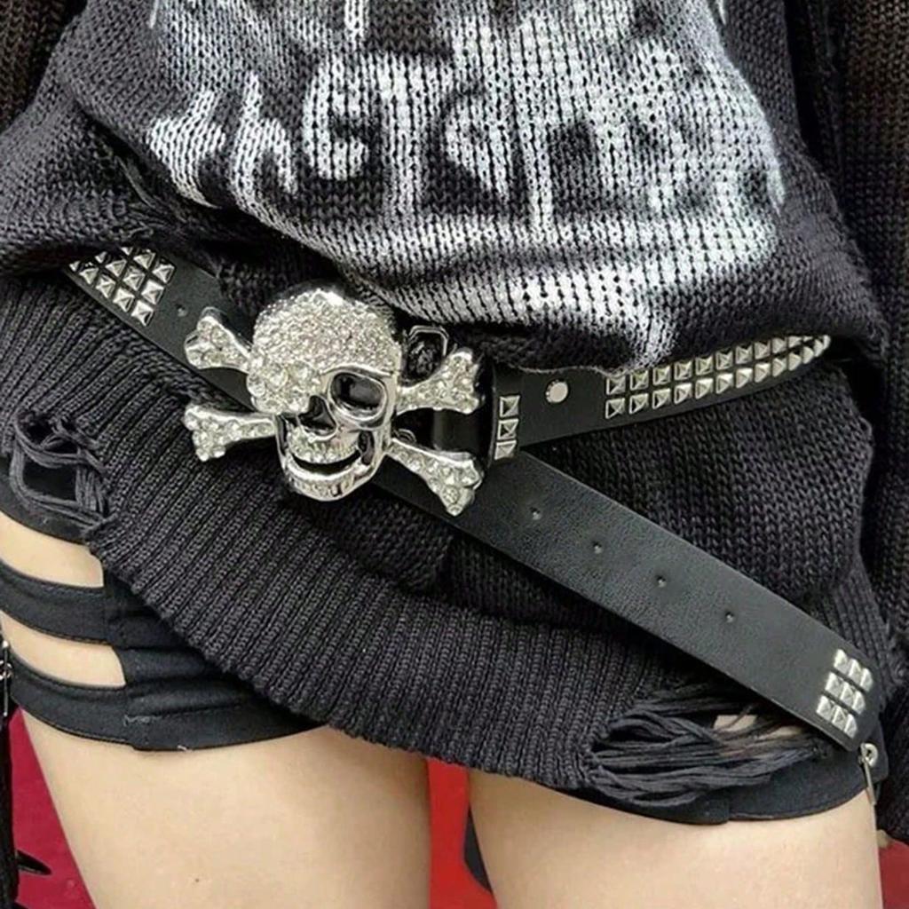 Gotischer Schädel Strass Schnalle Gürtel - Stilvolles Subkultur Punk Nieten Hip-Hop Rock Y2K Gürtel Accessoire Lässig Täglich ,Für Männer Frauen