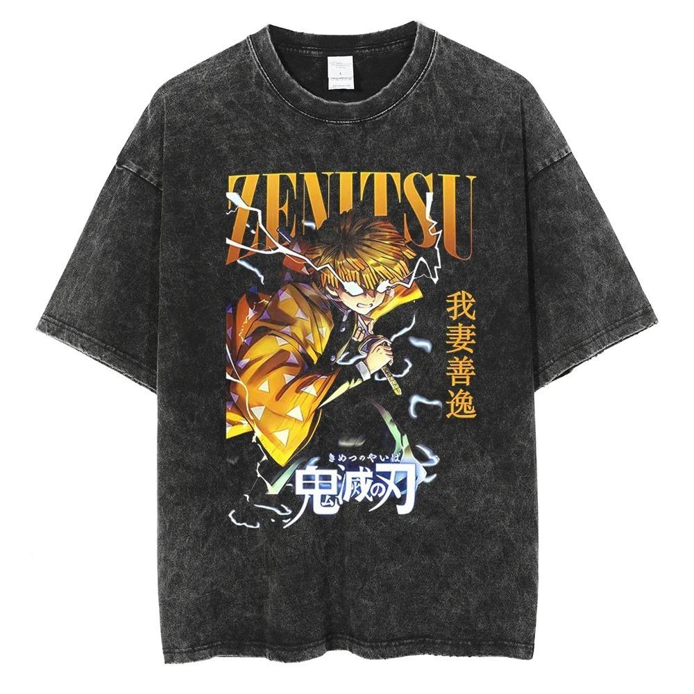 Demon Slayer Nezuko Vintage Washed Doppelseitiges Grafik-T-Shirt, Sakura & Blutdämonenkunst Oversized Streetwear Tee, Unisex Anime Freizeit-Oberteil