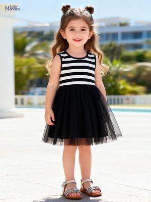 Abiti estivi da bambina stile europeo e americano, senza maniche, a righe, in rete, stile principessa