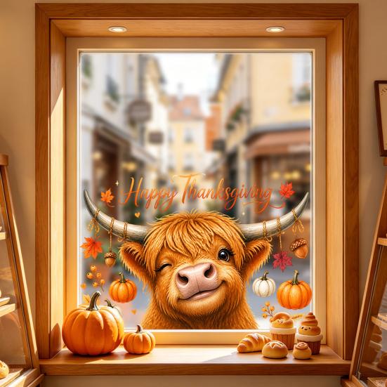 Cute Animal Window Decals Highland Cow Clings, Autumn Pumpkin Maple Leaves Static Seasonal Art Supplies Stickers, Waterproof PVC for Thanksgiving