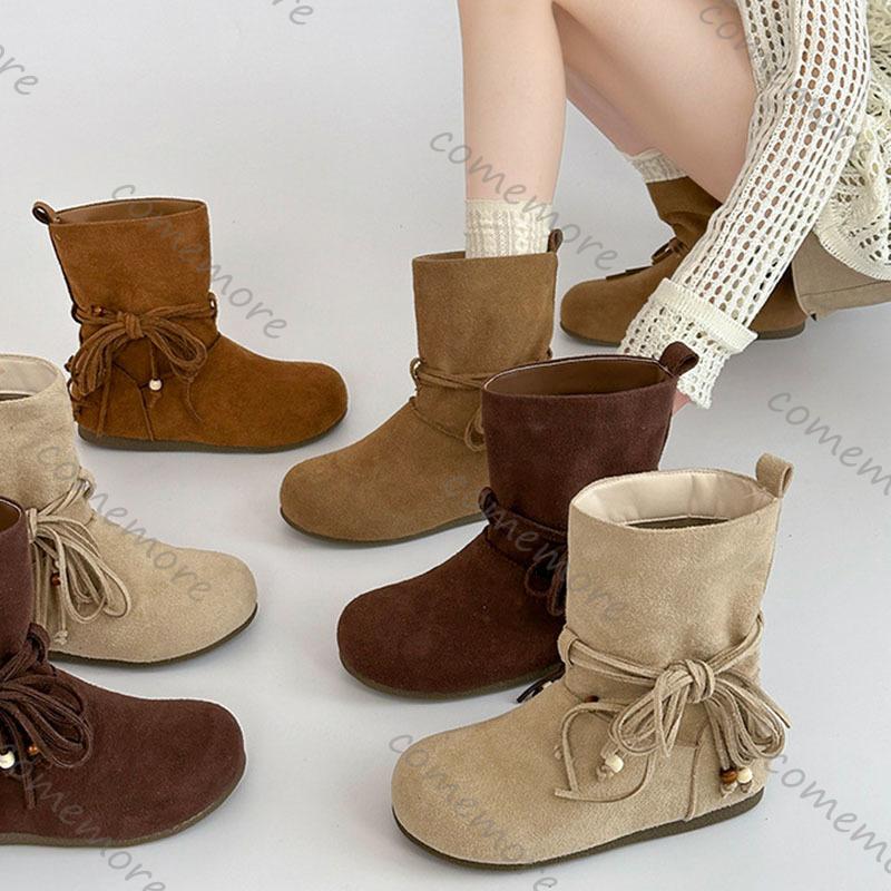 Fashion Comemore Fashion Tassel Bow Women Ankle Boots Autumn Winter Retro Style New Suede Temperament Shoes Casual Flat Short Botines