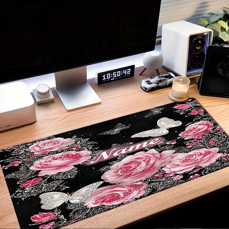 1PC Custom Name Butterflies Roses Garden Mouse Pad, Keyboard and Mouse Desk Pad, for Computer Notebook Birthday Gift For Any Room Or Office