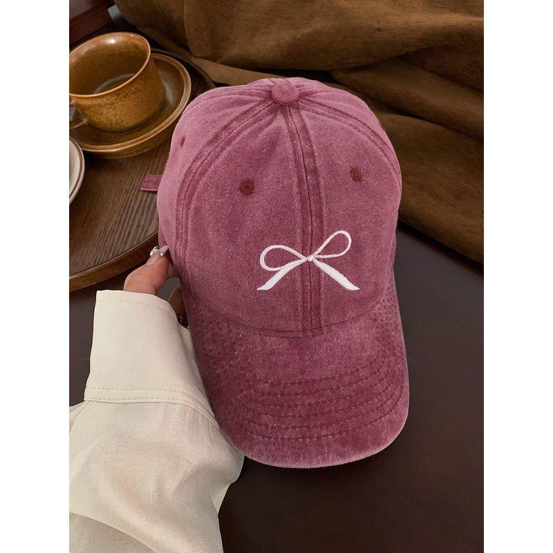 Bows Embroider Baseball Cap Female 2024 Spring New Arrival Washed Distressed American Retro Wide Brim Cover Face Peaked Cap