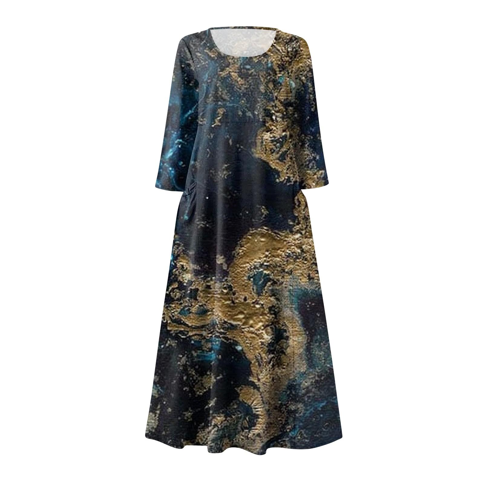 Женское повседневное модное удобное платье с карманами и рукавами 3/4 с принтом M зелёный — фото 6