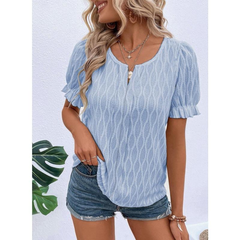 Spring and Summer New V-neck T-shirt Puffed-sleeve Jacquard Women's Casual Loose Short Sleeve
