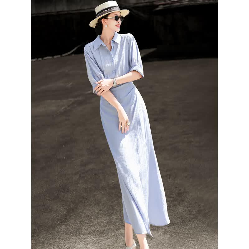 Lanse'er Women's High-Waist A-Line Slit Shirt Dress