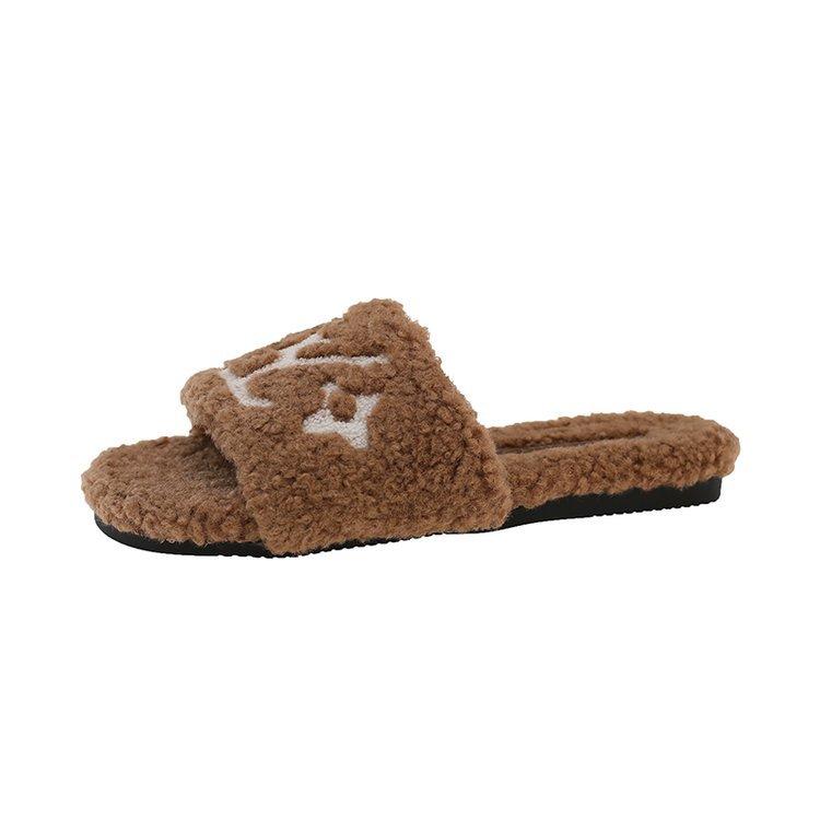 [Youshilai] Internet Celebrity Flat-bottomed Non-slip Fluffy Slippers Women's 2025 Autumn and Winter New One-word Lightweight Cotton Slippers Tide