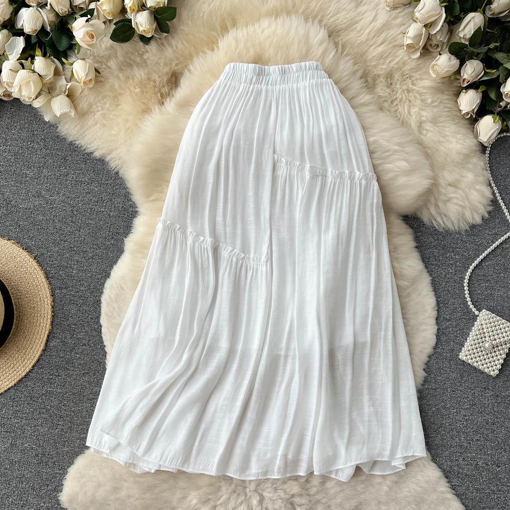 Summer High Waist Drape A-Line Skirt Fashion Elastic All-Match Pleated Large Swing Temperament Midi Skirt