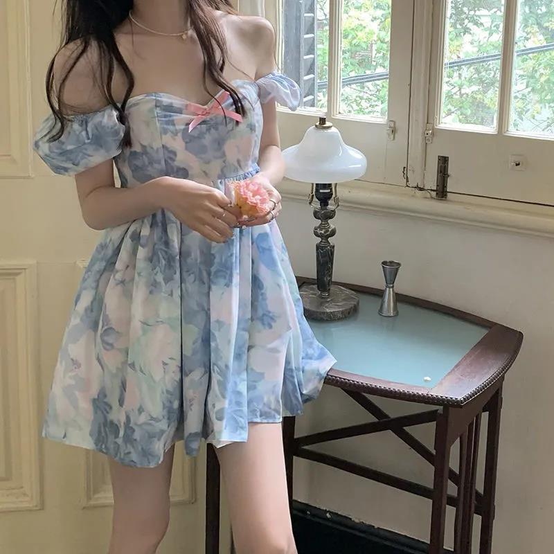 Summer New French First Love Platycodon Story Student Waist Thin Smudge Bubble Sleeve Dress