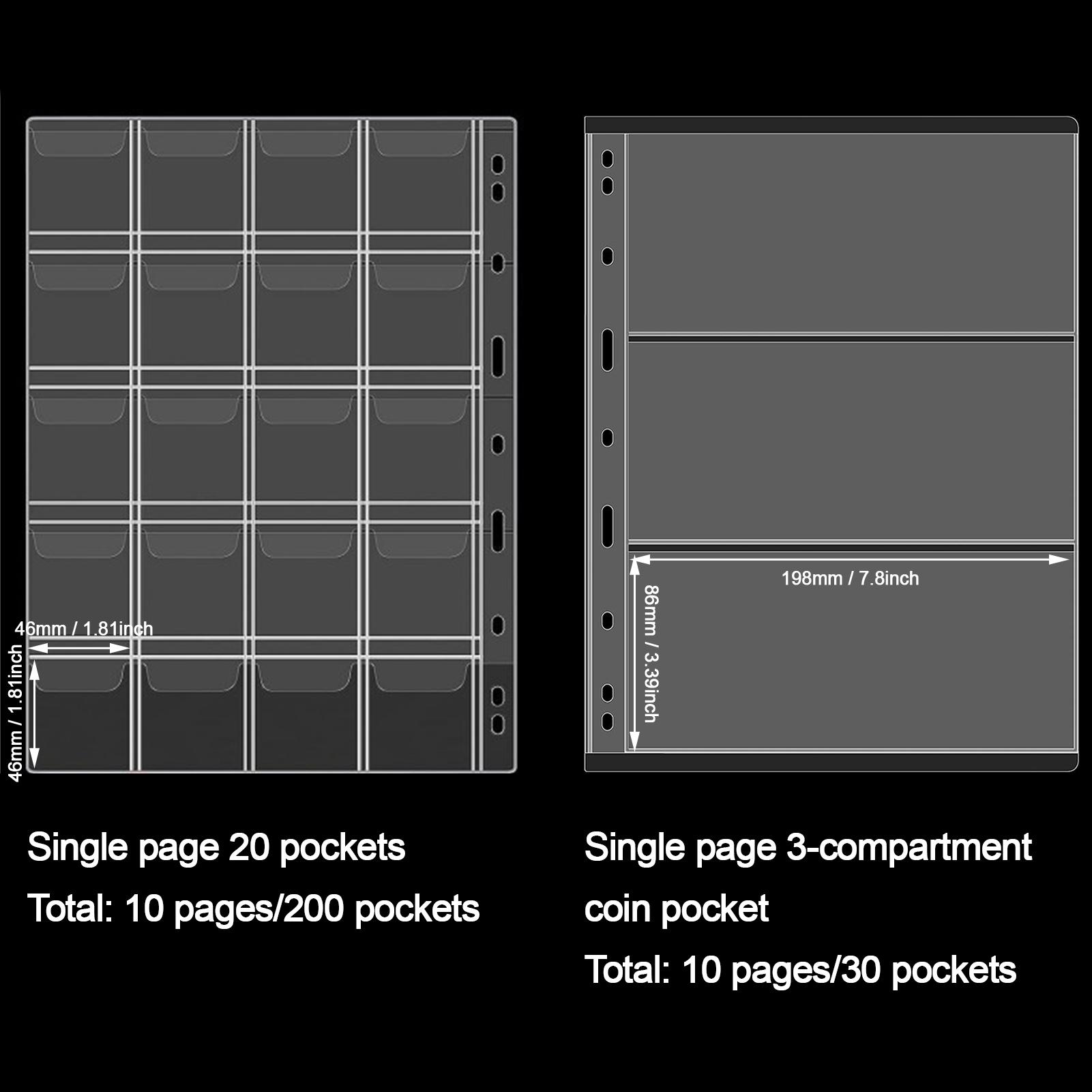 

20 страниц Альбом для коллекции монет Держатель Чехол большой вместимости с 200 карманами для монет 30 карманов для банкнот, пенни, четвертаков, марок