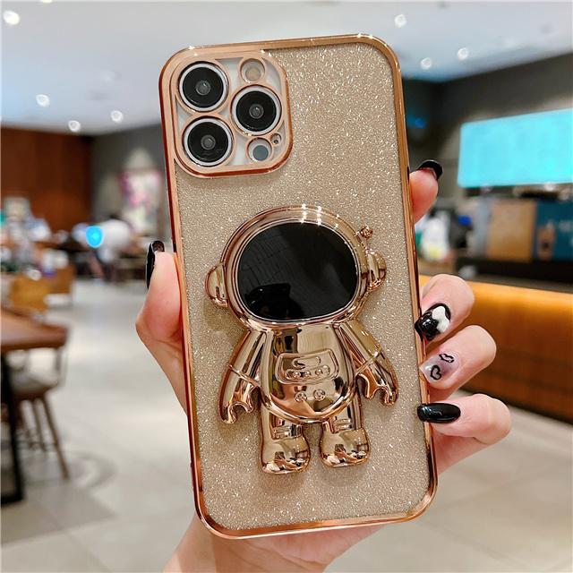 Fashion Glitter Astronaut Foot Stand Phone Case For iPhone 16 15 14 13 11 Pro XR Xs Max 12 Mini Plating Holder Cover On 7 8 Plus