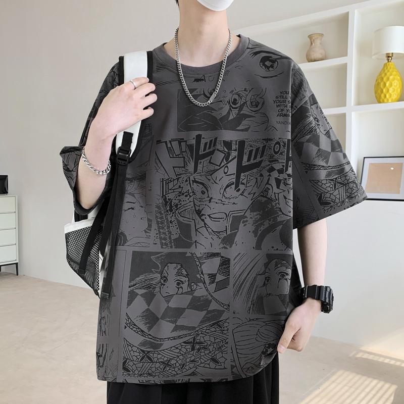 Large Size Trendy Anime Full Print Short Sleeved Men's Japanese Loose Casual Top