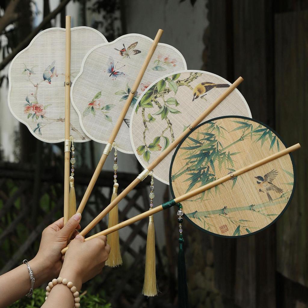 Ancient Style Portable Round Fan - Rollable with Bamboo Strips, Intangible Heritage, Perfect for Hanfu Costume, Cooling Summer Accessory.
