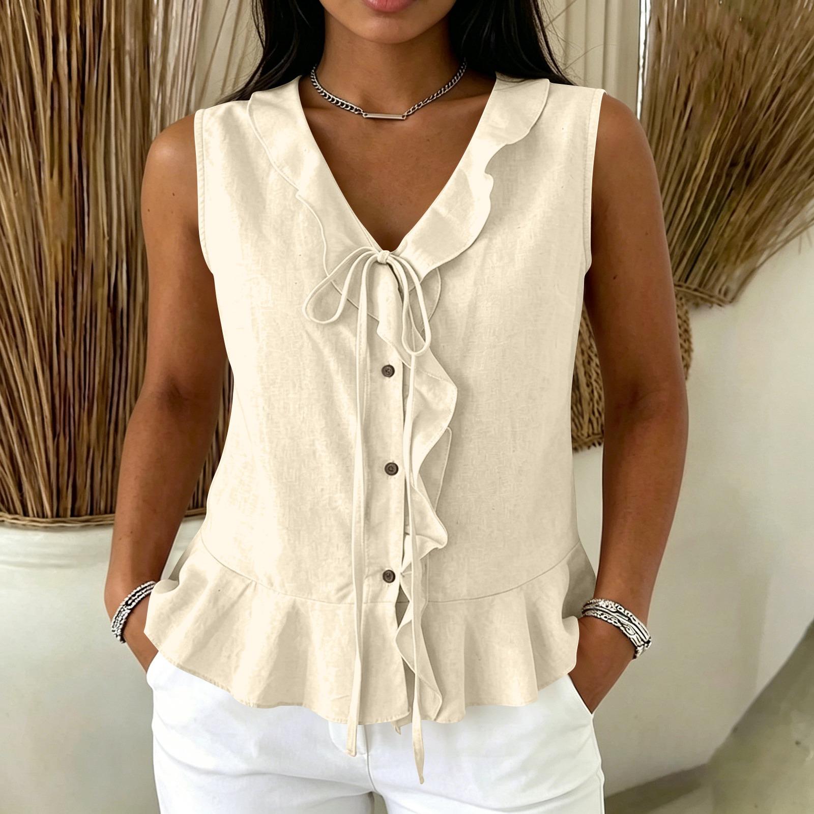 Women s Fashionable Vest V Neck Ruffle Edge Lace  Sleeveless Casual Shirt Top L бежевый