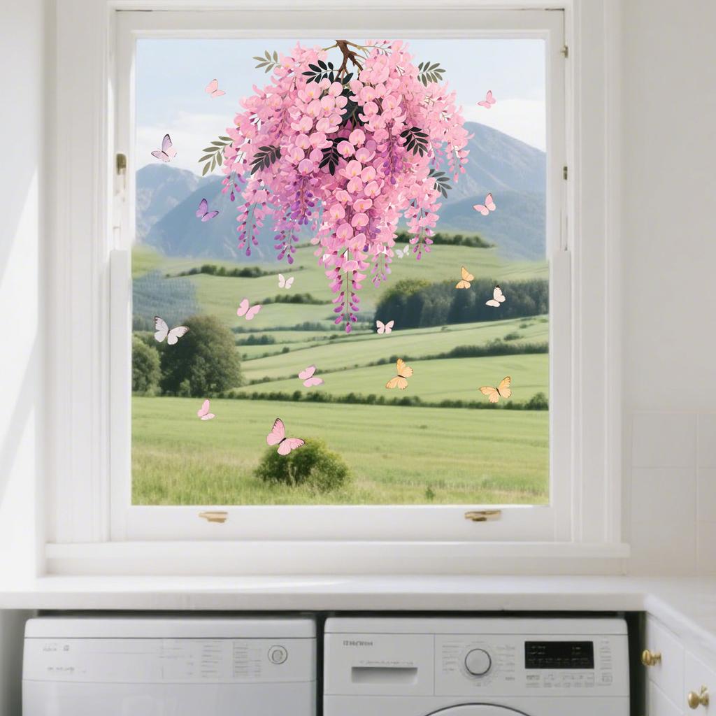 Pink Vine Flower Butterfly Static Cling Window Sticker Double Sided for Home Decor Bedroom Living Room