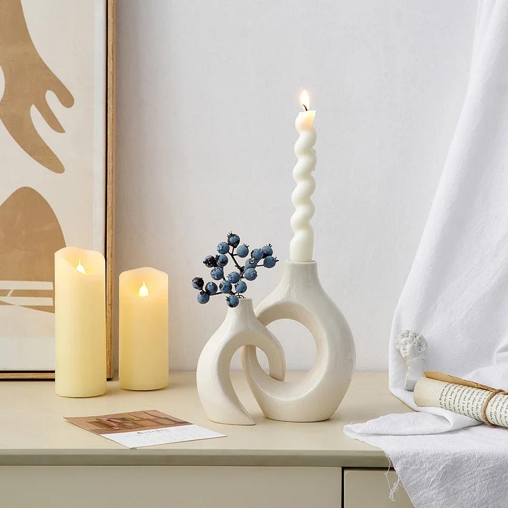 Minimalism Home Decor White Interlock Candle Holder Living Room Tabletop Ornament Ceramic Candlestick Wedding Decoration Gift