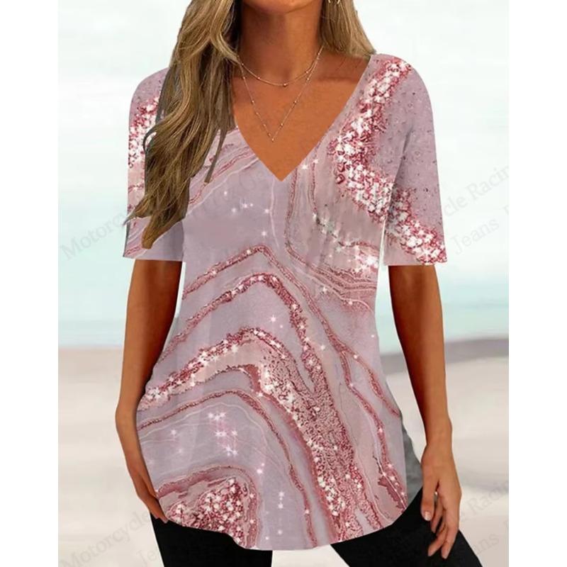 Gestreiftes 3D-Druck T-Shirt Damenmode V-Ausschnitt Kurzarm Einfaches T-Shirt Sommer Casual Übergröße Oberteile Tees Damenbekleidung