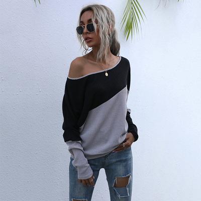 Clothing Fashion Casual Tops Shirts Fashionable Casual Temperament Women's Colorblocking Long-sleeved Knit Sweater Loose Strapless One-shoulder Tops