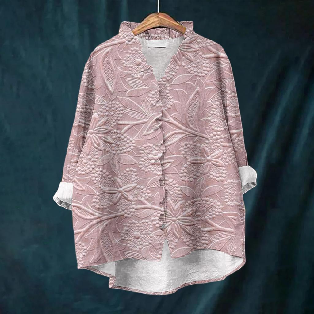 Women's Loose Ruffled Floral Print Stand Collar Long Sleeve Cotton And Linen Top