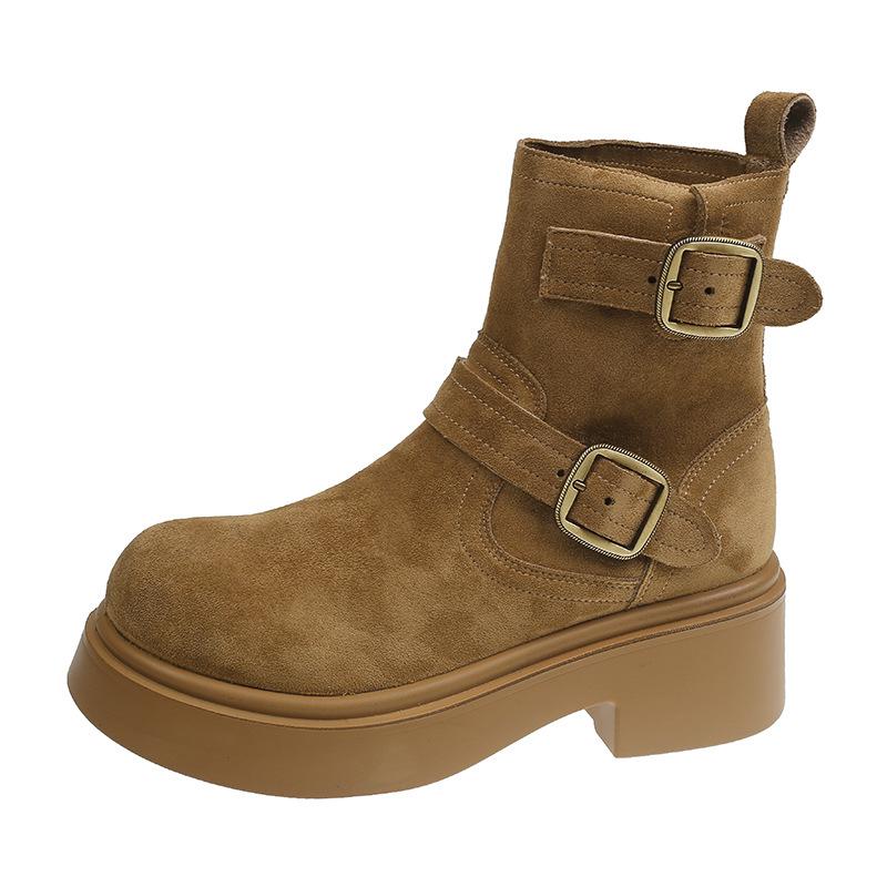 Super Fire Belt Buckle Martin Boots Women's 2025 Early Autumn New Retro Thick-soled Maillard Western Cowboy Medium Boots