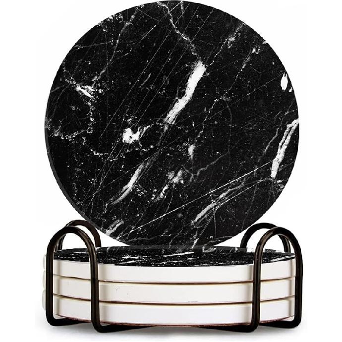 Ceramic Drink Coasters Set of 4 with Holder Round Water Absorbent Grey Gold Fashion Marble Coasters Tabletop Protection (Cork Base),Suitable for Black Marble
