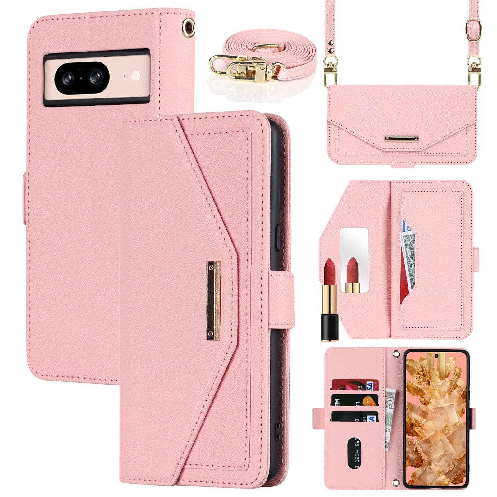 

Для Google Pixel 8 Чехол-подставка Текстура крест-накрест ПУ кожаный кошелек Чехол для телефона с плечевым ремнем/Зеркальцем для макияжа Pink