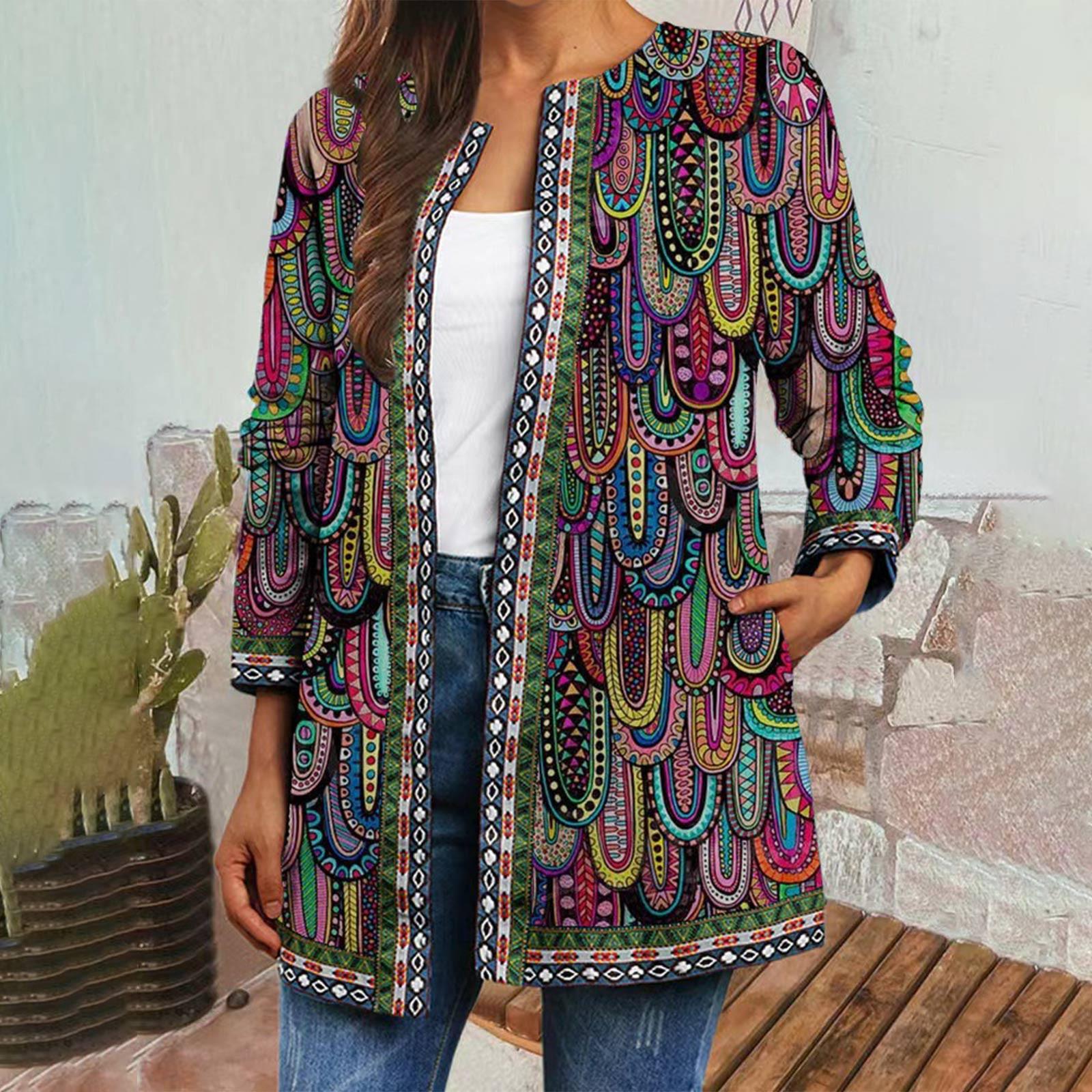 

Винтажный этнический стиль принтованный пиджак большого размера, кардиган, женская одежда M чёрный