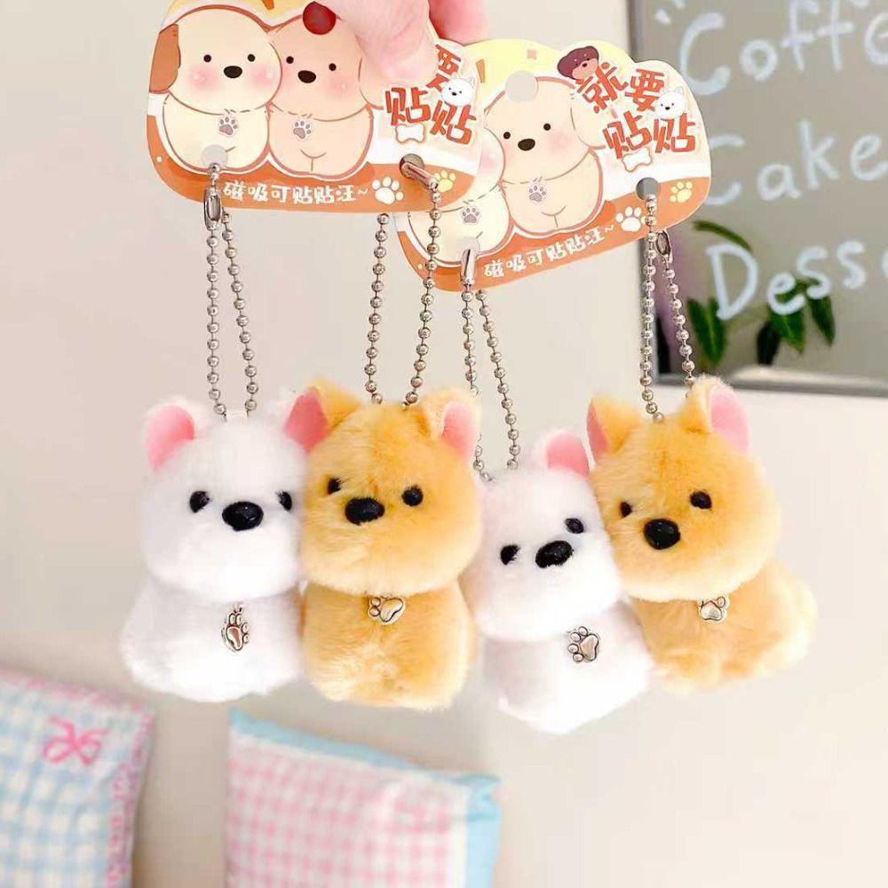 2Pcs Bag Hanging Plush Doll Keychain Cute Magnetic Dog Keychain Collar Glasses Dog Pendant Couple
