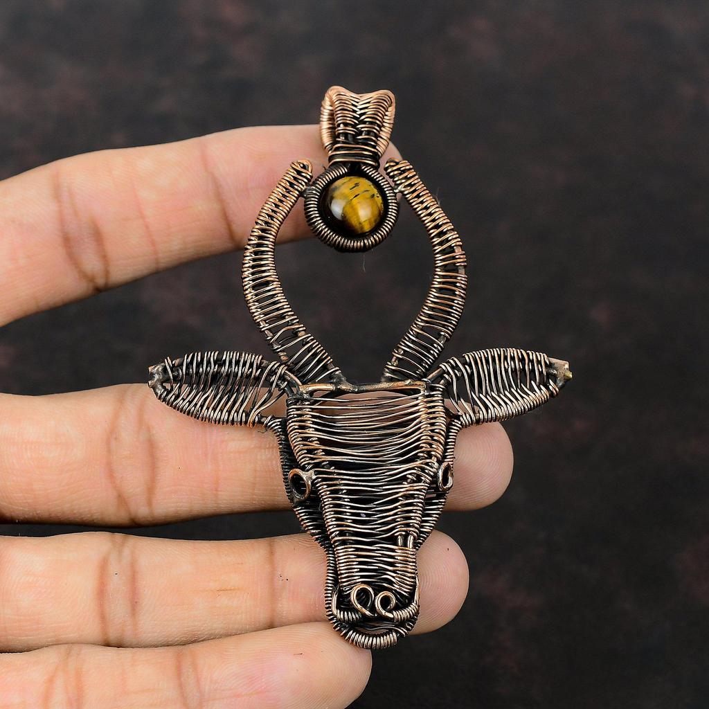 Tiger's Eye Pendant Copper Wire Wrapped Pendant Bull Face Pendant Natural Gemstone Jewelry Handmade Pendant Copper Wire Jewelry Gift For Mom