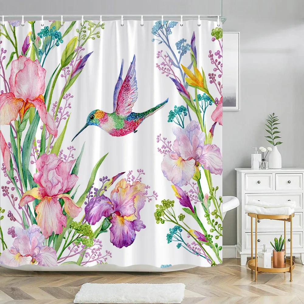 Hummingbird Floral Shower Curtain Watercolor Bird Flower Home Bathroom Decor Polyester Fabric Bathroom Curtain Set Hook Washable