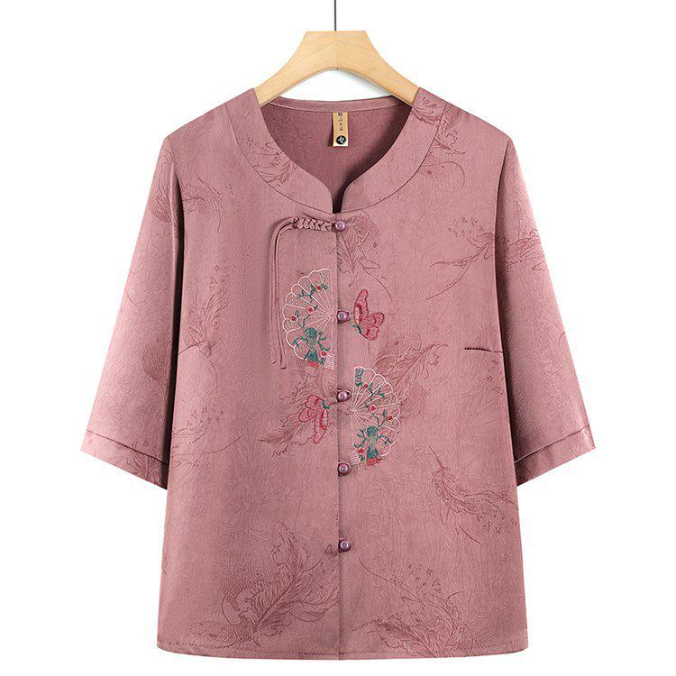 

Plus Size Retro Embroidered Stand Collar Top for Middle-aged & Elderly, Three-quarter Sleeves, Summer Fabric 5XL рожевий