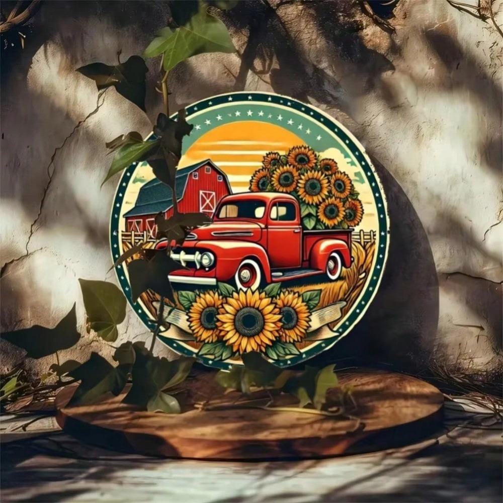 Iron Tin Sign Vintage Red Truck Sunflower Farmhouse Wall Art Decor