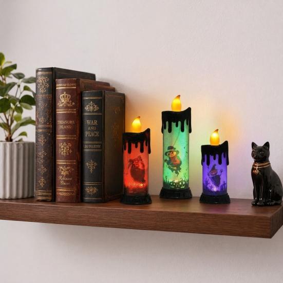 Electronic Candle Light, Fun Halloween Spooky LED Candle, 3-Color Flickering Realistic Flame Safe Battery Light for Party Decor Desktop Ornament
