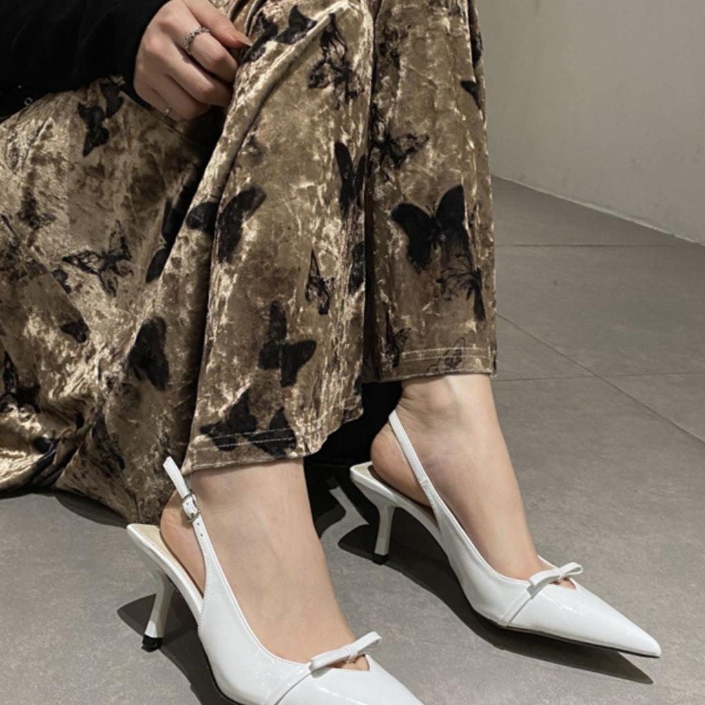 Pointed High Heels Niche Temperament Single Shoes Women's 2025 New Patent Leather Bow Sweet Thin Middle Heel Bag Head Sandals