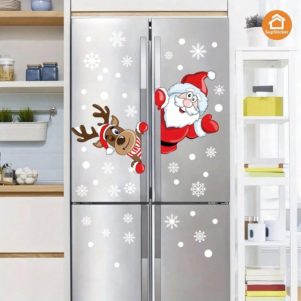 1/2pcs Christmas Elements Cute Cartoon Reindeer & Santa Claus Home Decor Stickers, Self-Adhesive PVC Decals For Living Room, Bedroom, Kitchen Bathroom