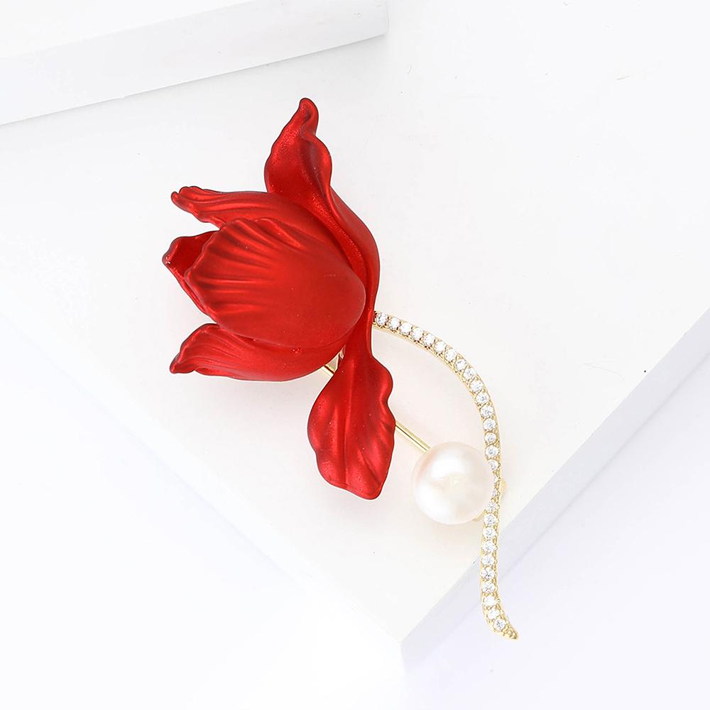 Red Rose Flower Brooch Pin Vintage Gold Tone Jewelry Crystal Rhinestone Brooches