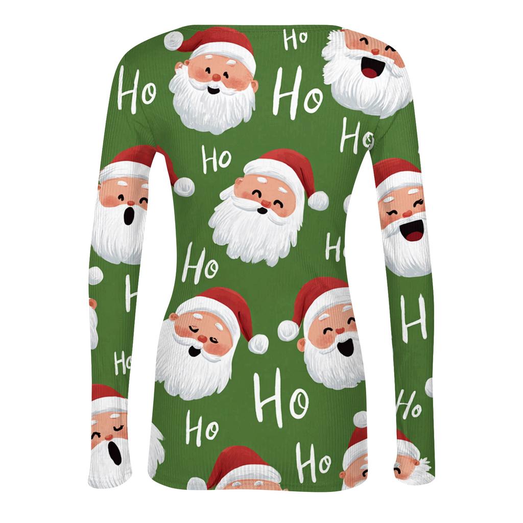 Women's Fashion Slim-Fit Round Neck Base Layer T-Shirt Christmas Print Long-Sleeved Top