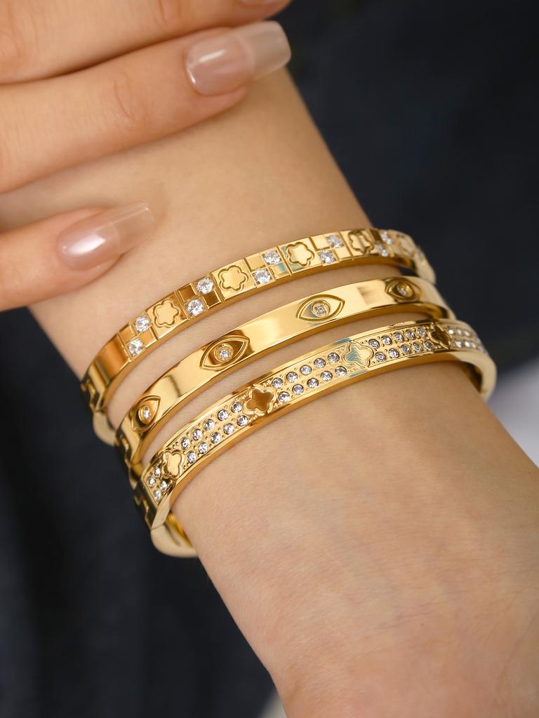 Fashionable And Classic Matching Stainless Steel Four-Leaf Clover, Devil'S Eye, Five-Leaf Clover With Zirconia Snap Bracelet