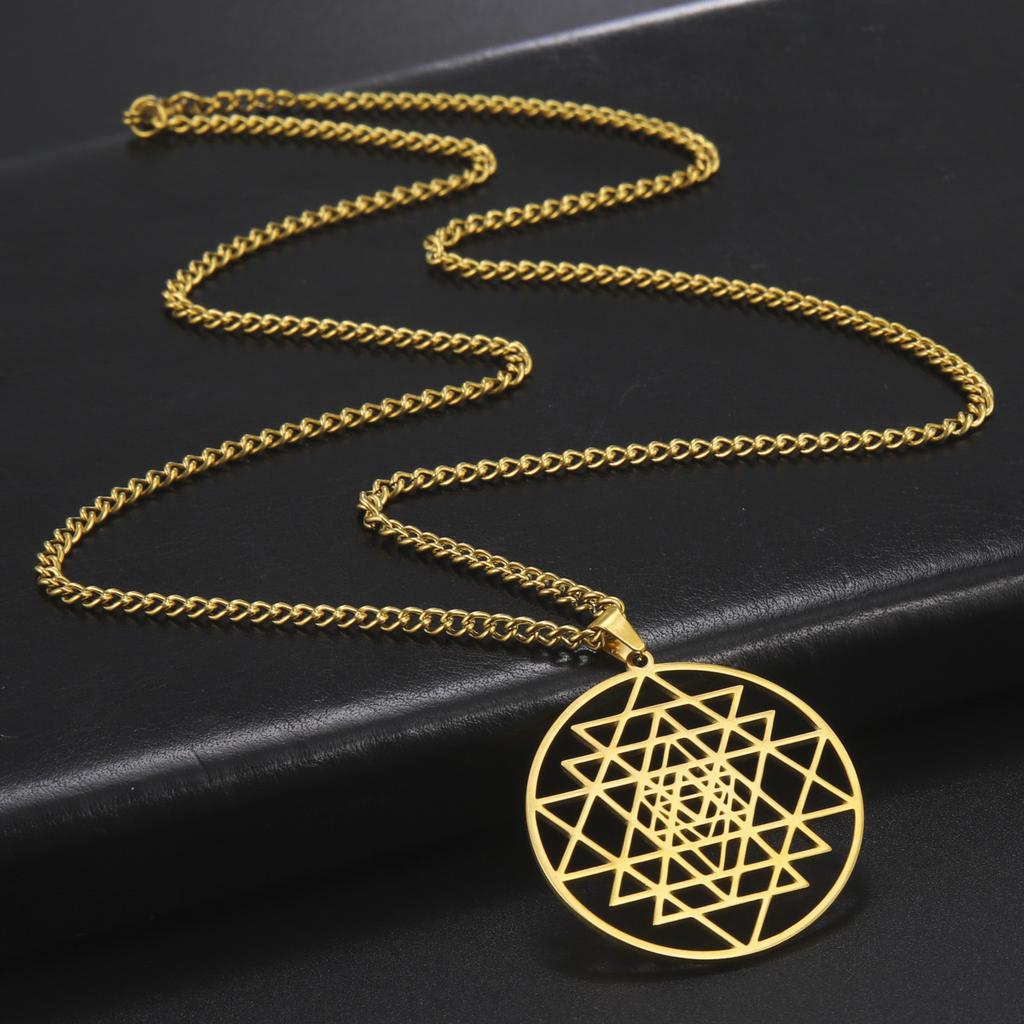 Titanium Steel Hollow Cut Ring Overlapping Triangle Pendant Necklace