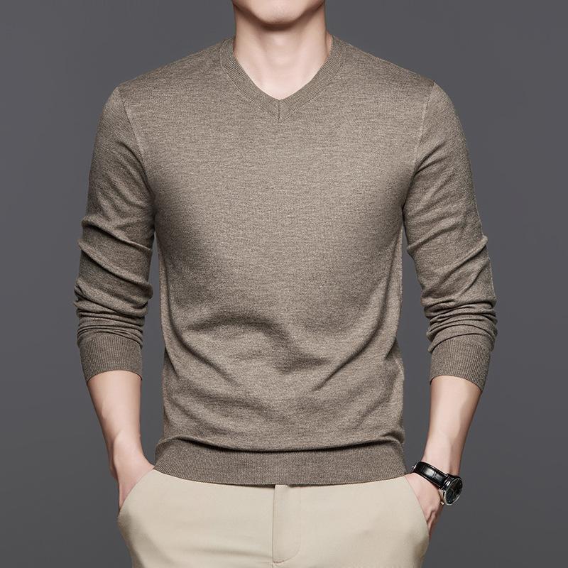 Men's Autumn and Winter Middle-aged Men's Dad Wear V-neck Versatile Solid-color Knitted Sweater Bottoming Shirt