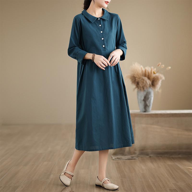 2025 new 6-color 4-size linen dress women's pullover long-sleeved medium and long solid color cotton and linen dress